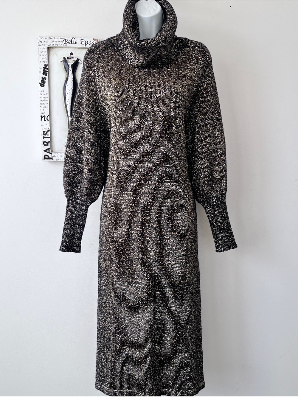 Vintage Inspired 90s Black Gold Cowl Neck Long Sleeve Midi Sweater Dress Sz M